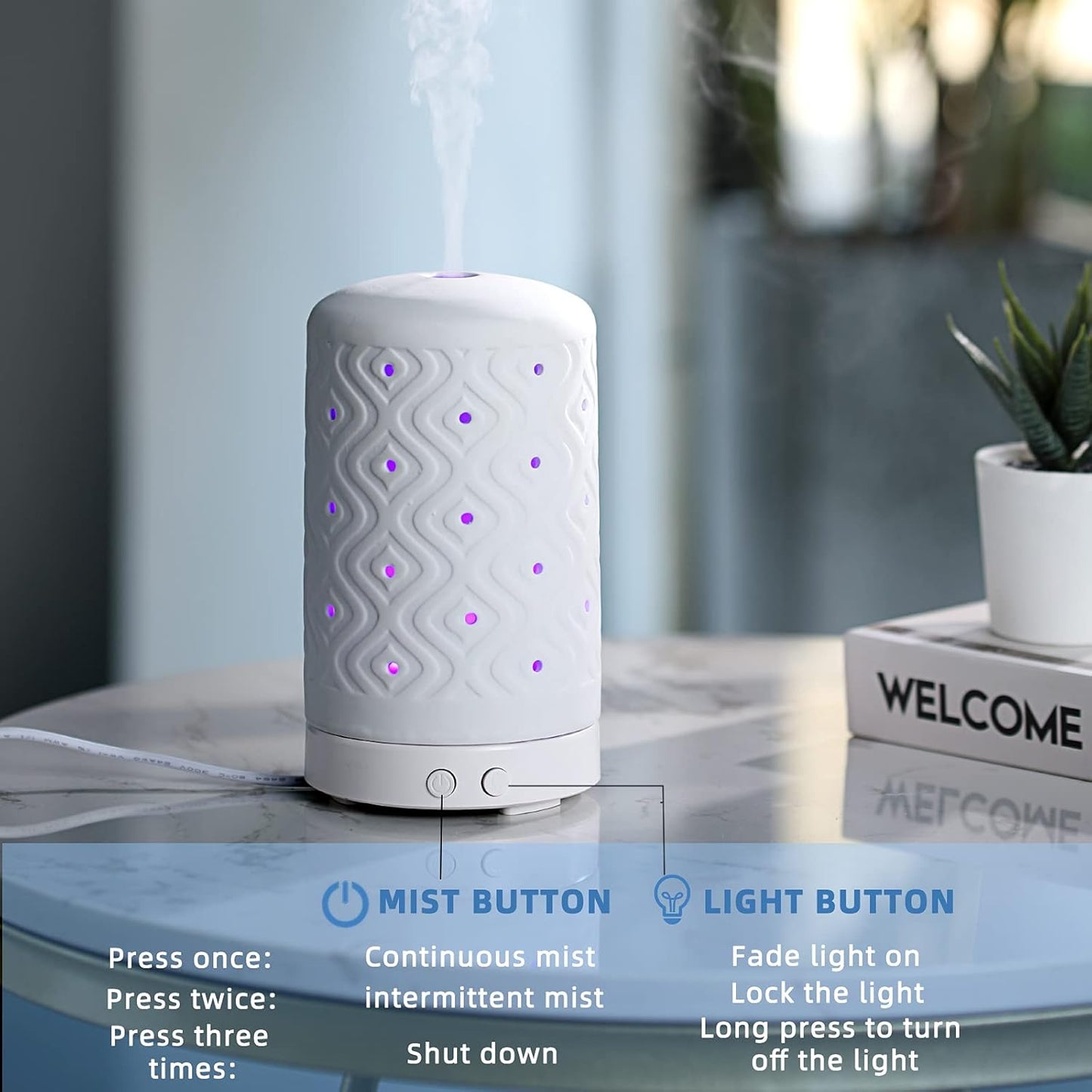 Essential Oil Diffuser Home Fragrance Aromatherapy Diffuser with 7 LED Color Changing Light and Auto off Safety Switch Light Ceramic Diffuser White