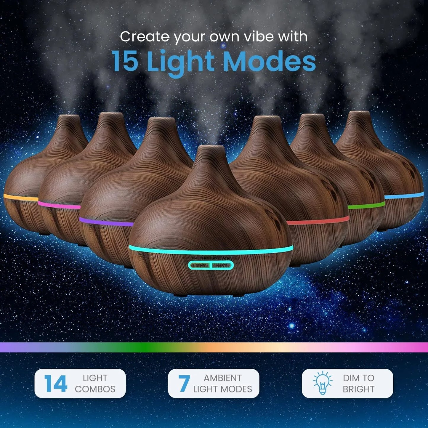 Aromatherapy Diffuser Essential Oil Set - 10 Essential Oils, 7 Ambient Lights, Timer, Modern Design - Dark Wood