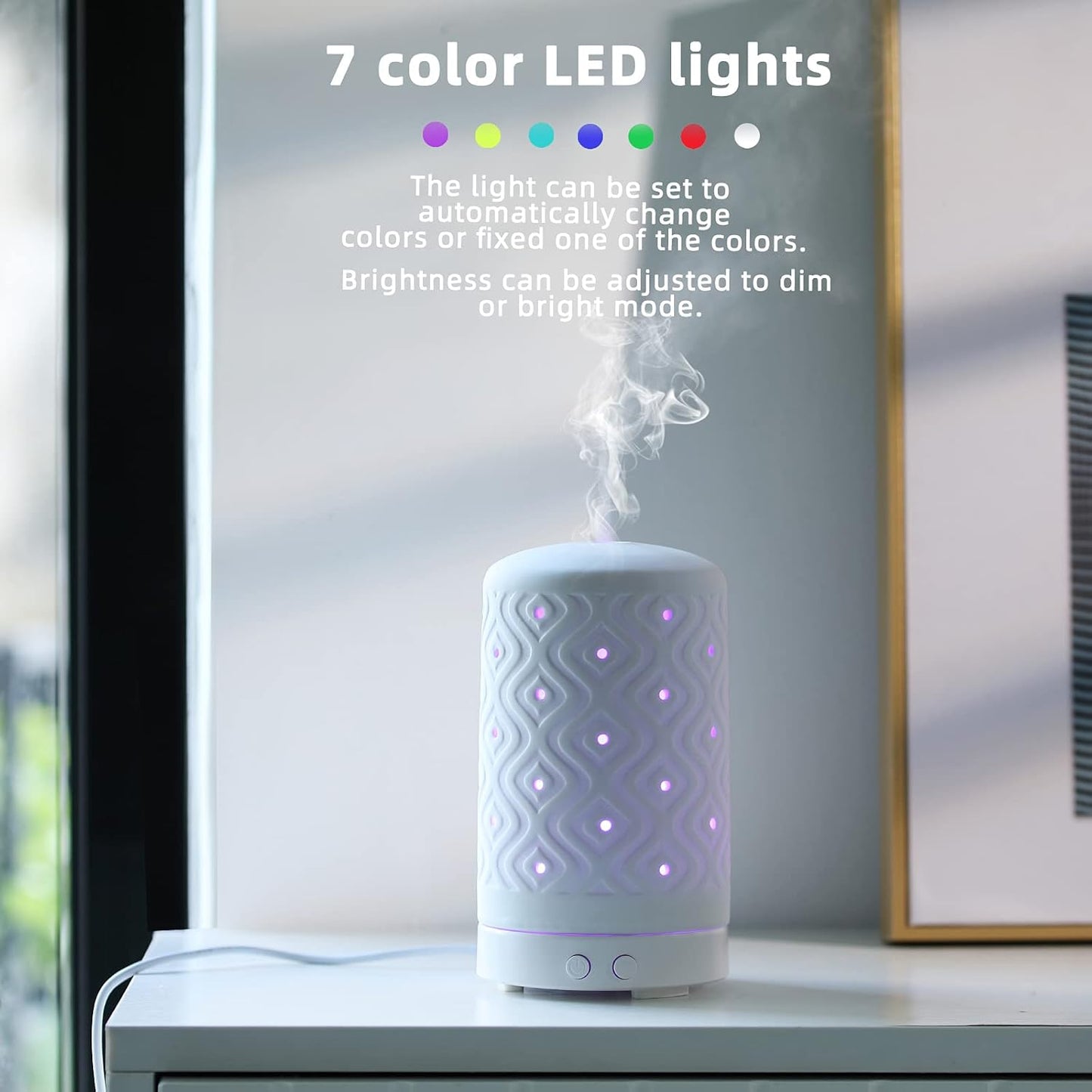 Essential Oil Diffuser Home Fragrance Aromatherapy Diffuser with 7 LED Color Changing Light and Auto off Safety Switch Light Ceramic Diffuser White
