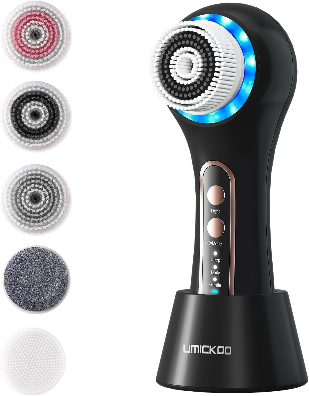 Face Scrubber Exfoliator,Facial Cleansing Brushes Rechargeable IPX7 Waterproof with 5 Brush Heads,Electric Face Spin Brush for Exfoliating, Massaging and Deep Cleansing (Black+Gold)