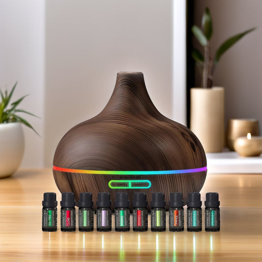 Aromatherapy Diffuser – 10 Oils, LED Lights, Dark Wood